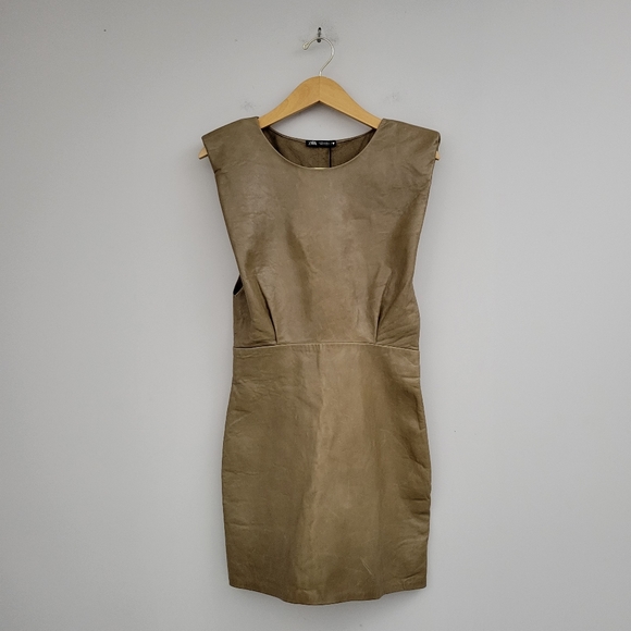 NWT Zara Leather Dress Padded Shoulder Mini Taupe - Picture 2 of 16